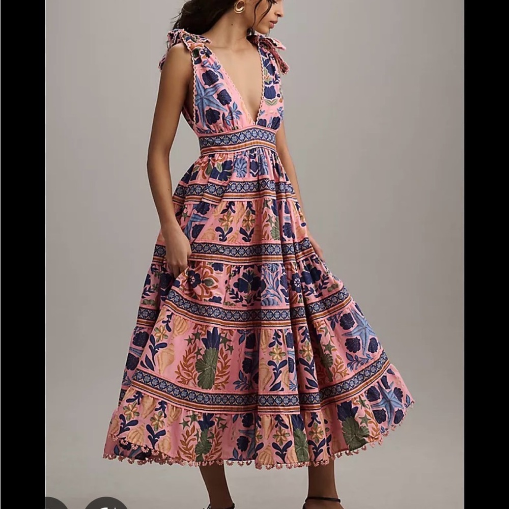 Farm Rio Tapestry Floral Pink and Blue Midi Dress